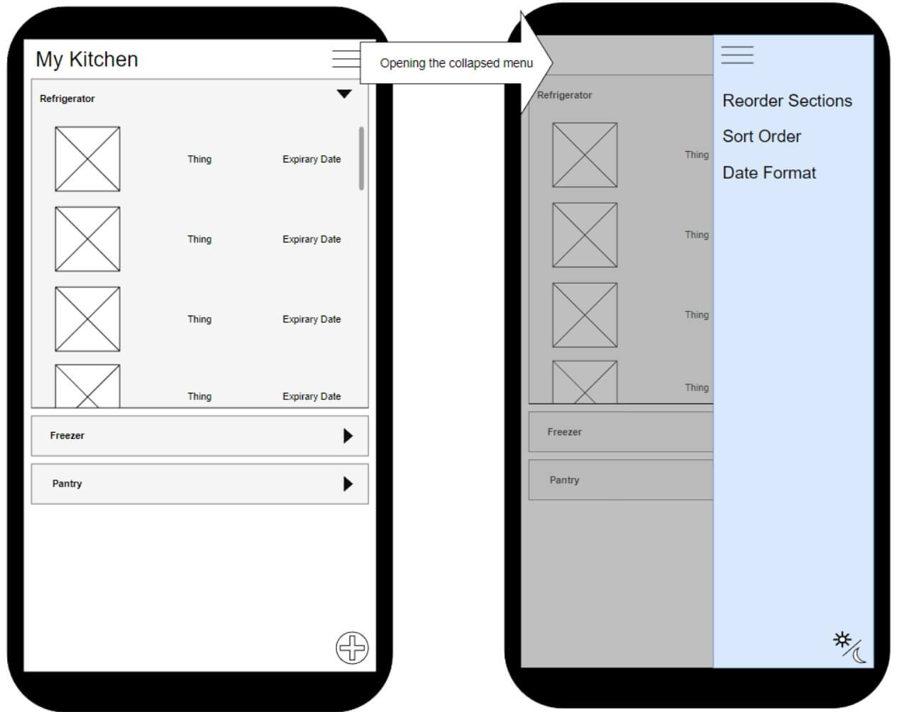 wire-frame of collapsable menu